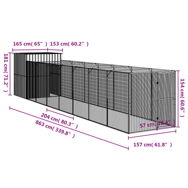 Casetta Cani con Corsa Antracite 165x863x181 cm Acciaio Zincato